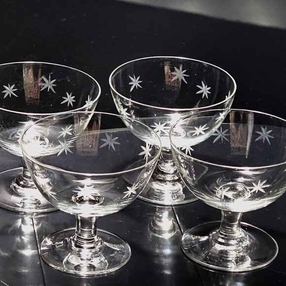 4 MCM Star Dust Low Champagne Glasses 3" by Quartzex Crystal 1950 Atomic dessert - Picture 2 of 8